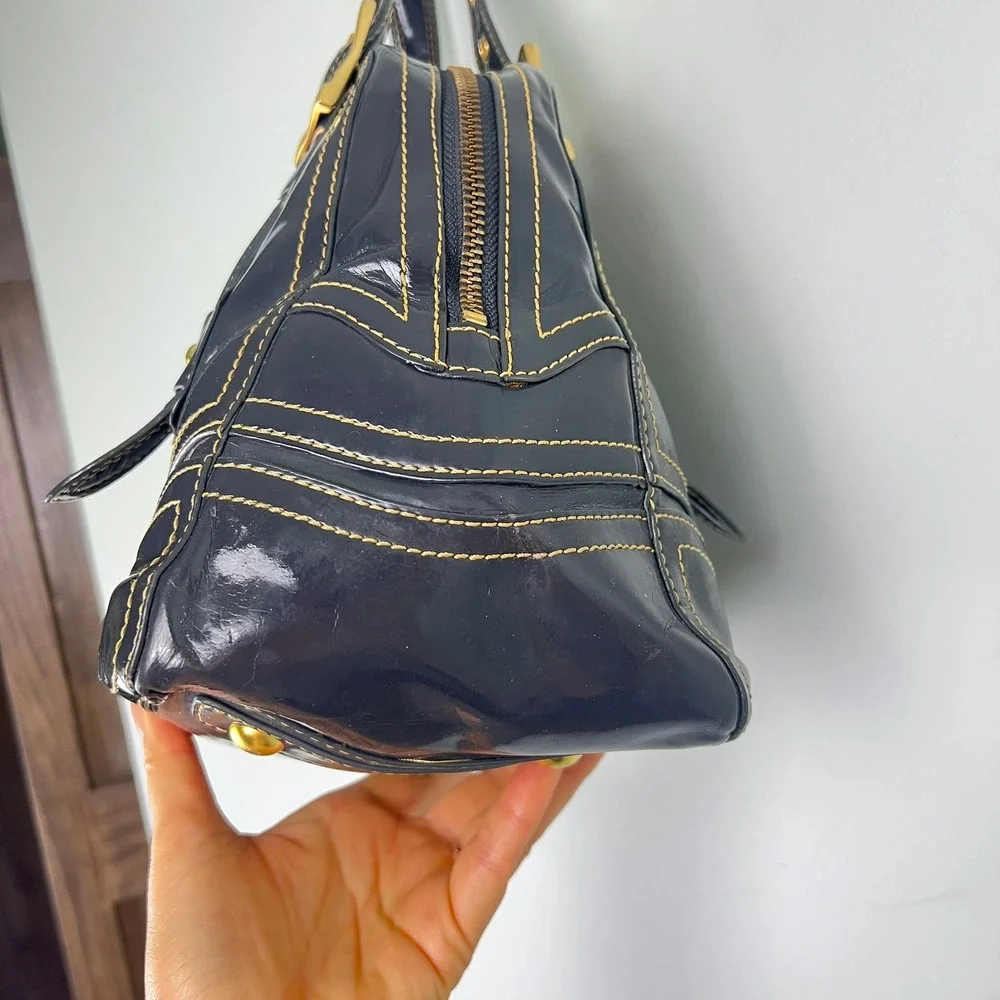 Maxx NY Gray Patent Satchel Handbag Bowler Bag Gold Buckle 90s Y2k Indie Sleaze